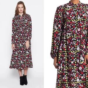 Equipment Francois Black Floral Silk Midi Dress Black Multi XS Oversized